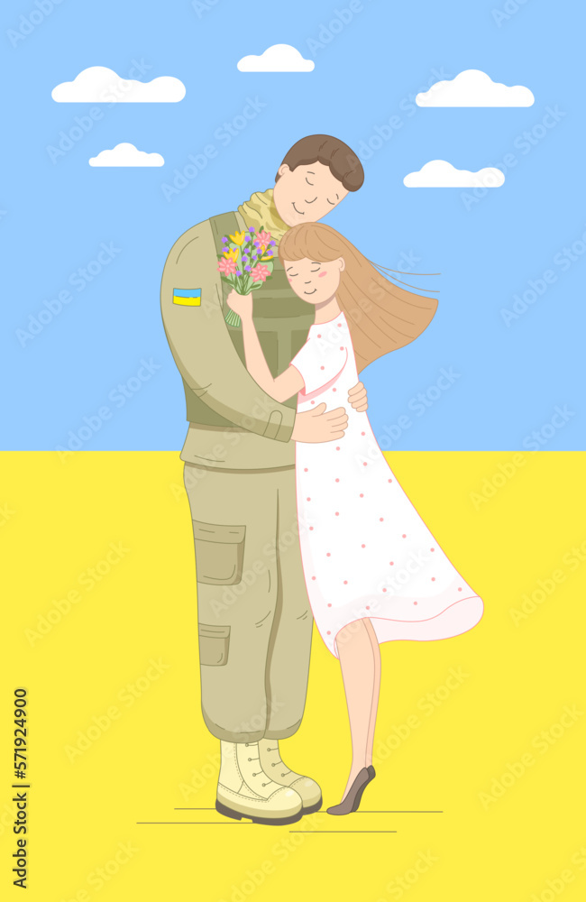 This illustration shows a wife, a bride, greeting a Ukrainian officer returning from war This illustration shows a wife, a bride, greeting a Ukrainian officer returning from war