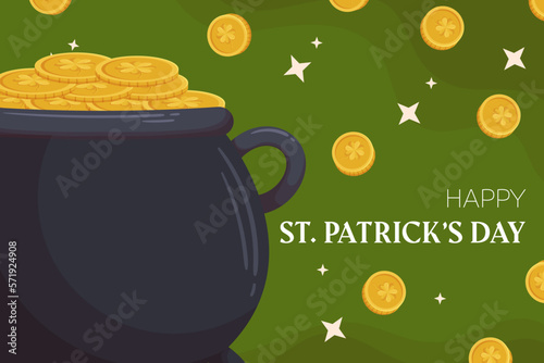 St.Patricks Day holiday background design with leprechaun cauldron and golden coins with shamrock. Concept with gold on the back.