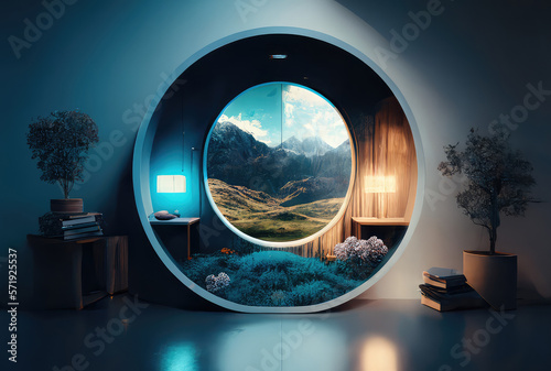 Round beautiful window overlooking mountains. Room with modern interior, twilight. Generative AI © masharinkaphotos