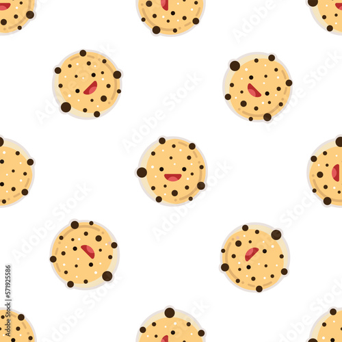 Cute chocolate chip cookie seamless pattern. Vector illustration. Food icon concept. Flat cartoon style.