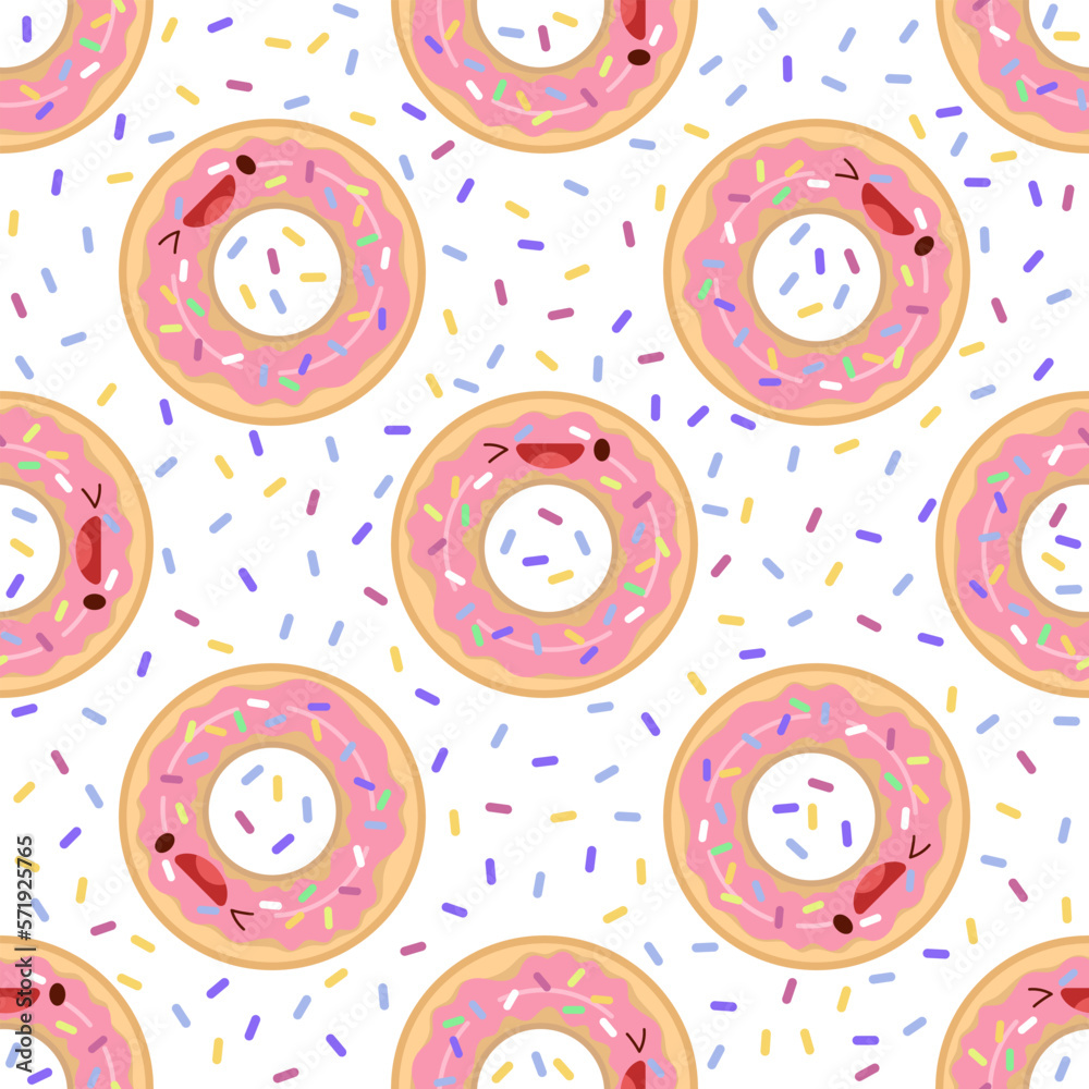 Fototapeta premium Cute donut seamless pattern. Vector illustration. Food icon concept. Flat cartoon style.