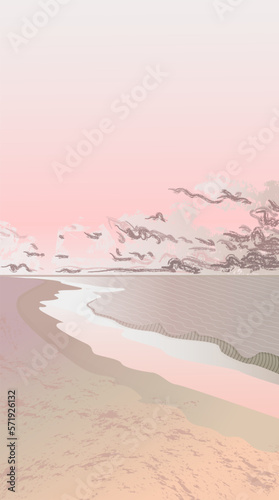 Vector image, evening beach with calm pink water