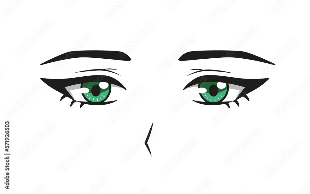 Sad green anime eyes and nose, anime manga face, beautiful cute cartoon style vector Illustration isolated on a white background. Asian style, print for t-shirts, bags. Sad green anime eyes and nose, anime manga face, beautiful cute cartoon style vector Illustration isolated on a white background. Asian style, print for t-shirts, bags.