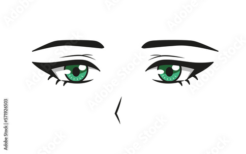 Sad green anime eyes and nose, anime manga face, beautiful cute cartoon style vector Illustration isolated on a white background. Asian style, print for t-shirts, bags.