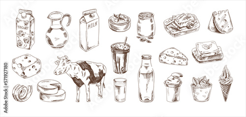 Hand-drawn Dairy products sketch set. Cheese, butter, yogurt, milk, jug, cow, ice cream, bottle, glass. Vector illustration. Black and white vintage drawing.