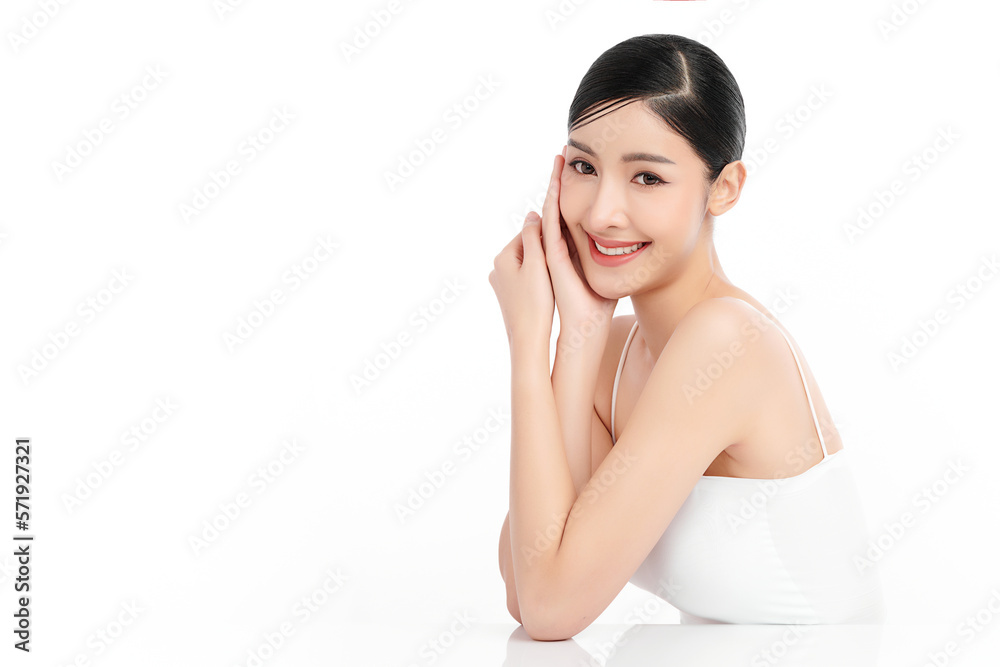 Beautiful young asian woman with clean fresh skin on white background, Face care, Facial treatment, Cosmetology, beauty and spa, Asian women portrait.