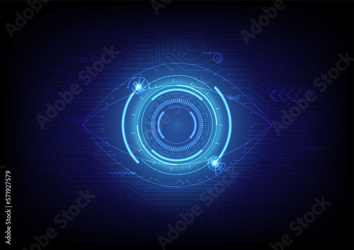 Background technology abstract blue eyes Tech circles of various sizes in lines and dots and bright lights below with electronic circuits have elements on a blue gradient background.
