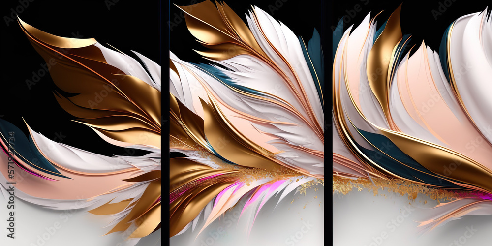Banner Luxury background feathers white gold. triptych painting AI pattern, packaging, weddings - obrazy, fototapety, plakaty 