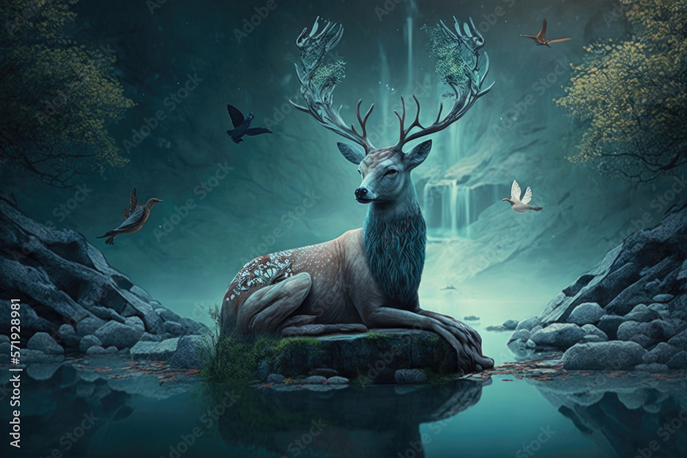 Mysterious deer in beautiful fairytale fantasy forest. Perfect for fantasy illustration and design. Generative ai. 