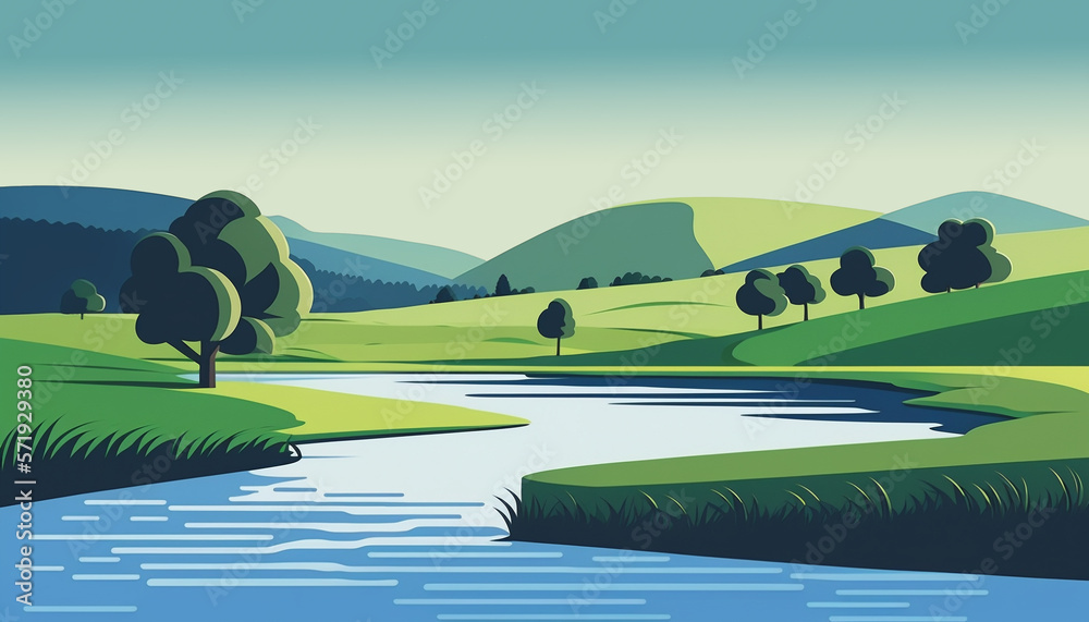 Peaceful vector style landscape with green fields and calm blue lake waters. Suitable for springtime, nature and outdoor concepts. Made with generative AI.