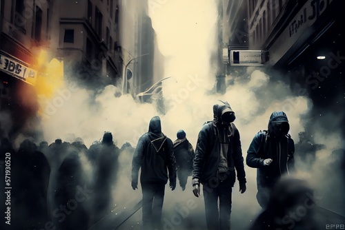 Riot on the street with smoke around. Generative AI