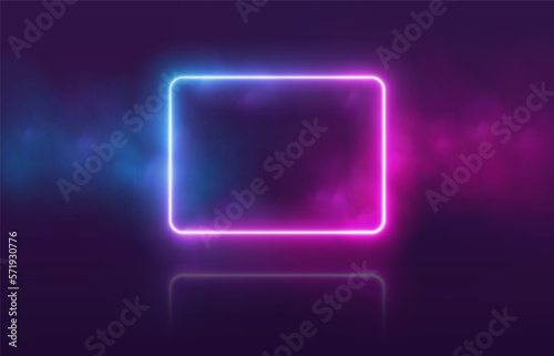 Neon rectangle with smoke, gradient led border, portal with haze clouds. 3D abstract retro tech background. Vector illustration.