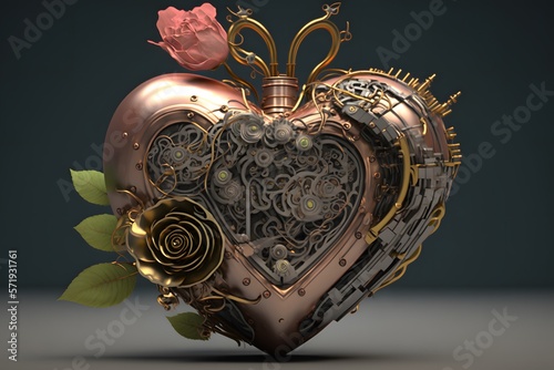 mechanical heart with rose created using AI Generative Technology
