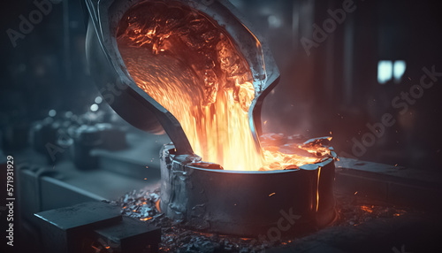 Fotografia Molten metal in big ladle container at metallurgical foundry plant, heavy industry