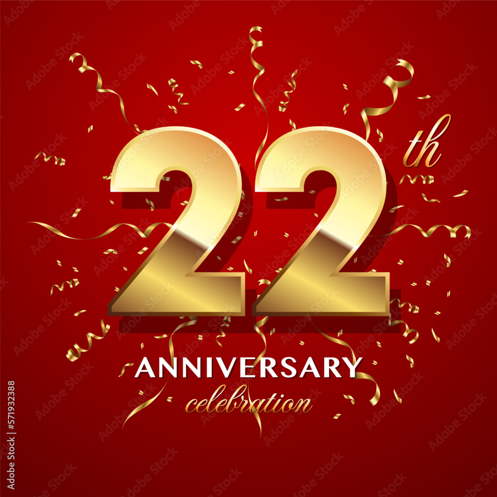 22th Anniversary Celebration. logo design with golden numbers and text for birthday celebration event, invitation, wedding, greeting card, banner, poster, flyer, brochure. Logo Vector Template