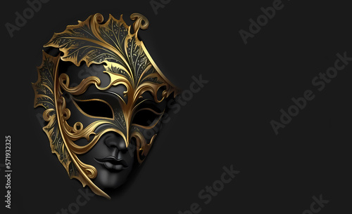 Golden male mask on a black background. Venetian golden mask on a dark background banner. Decor for the Mardi Grad festival. Generative AI