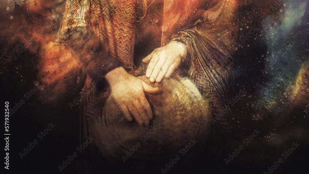 shamanic girl with drum on abstract structured space background. Loop Animation.