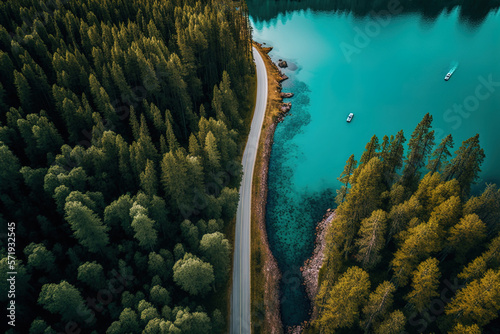 Blue lake in the middle of a green forest, highway in the forest, top view, aerial photography. AI © MiaStendal