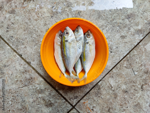 Photograph of close up fresh yellowstripe scad fish in orange bowl. Top view.  Fit for advertisement, market promotion, etc. photo