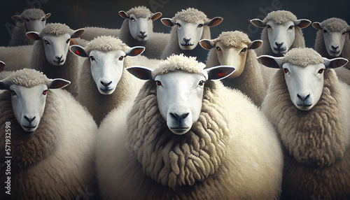 Flock of sheep staring. generative AI