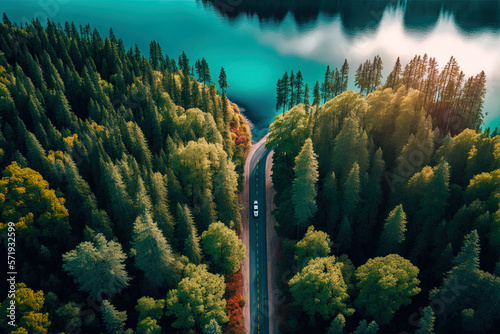 Blue lake in the middle of a green forest  highway in the forest  top view  aerial photography. AI