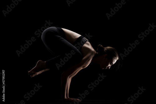 cute caucasian girl exercising yoga poses against dark backgroung. side lit silhouette...