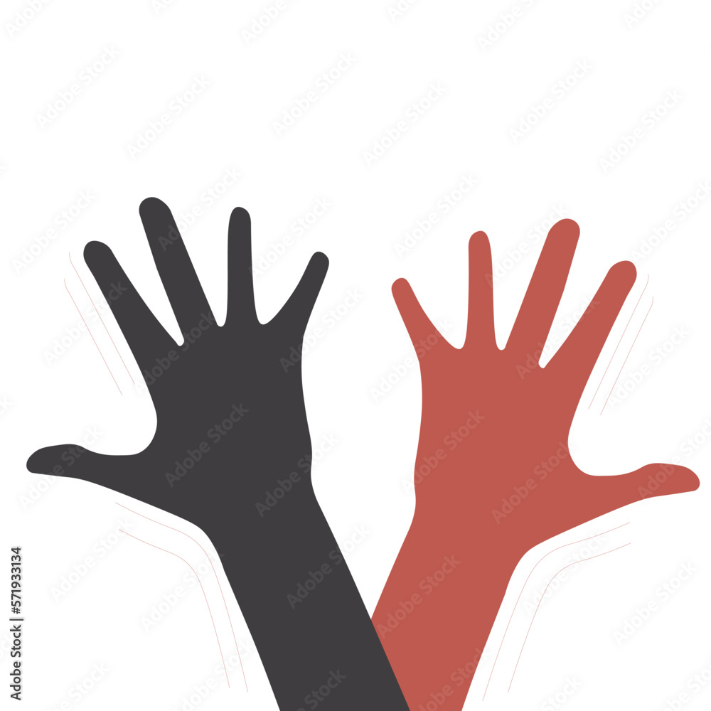 Isolated vector illustration of two red and black hands showing high five, depiction of teamwork, friendship, study group, agreement, agreement, success, goal Isolated vector illustration of two red and black hands showing high five, depiction of teamwork, friendship, study group, agreement, agreement, success, goal
