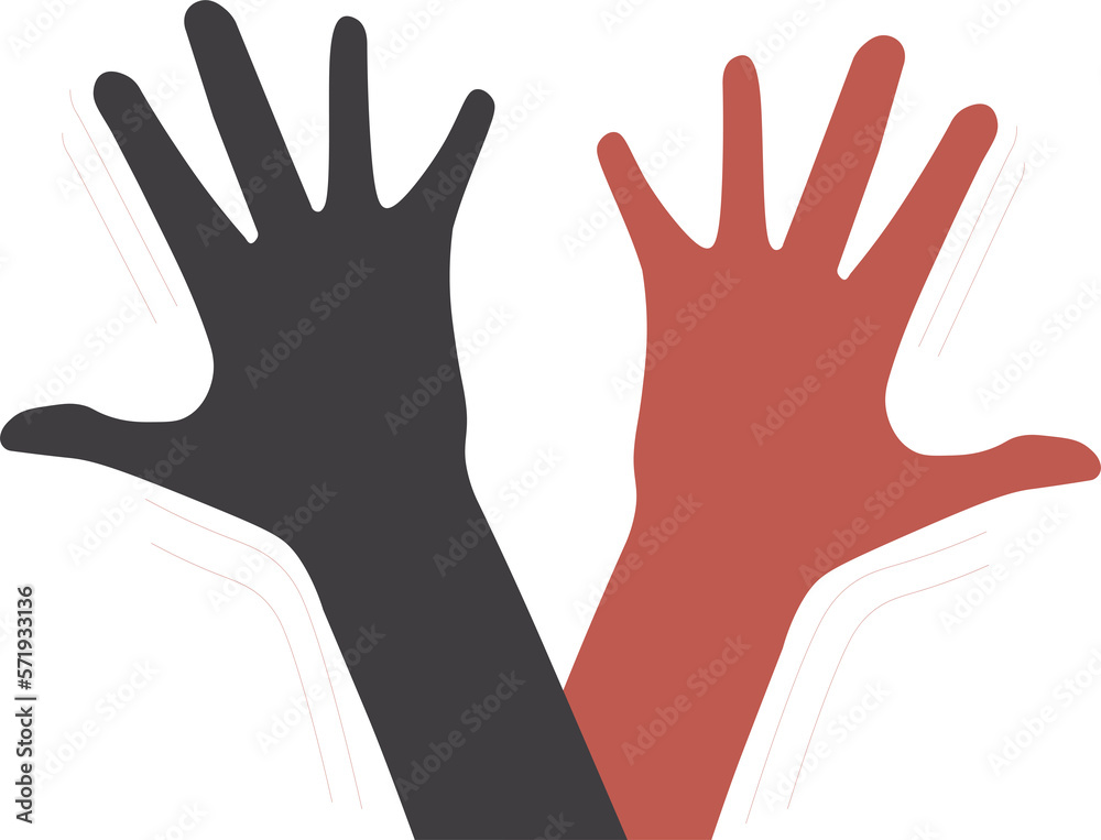 Isolated vector illustration of two red and black hands showing high five, depiction of teamwork, friendship, study group, agreement, agreement, success, goal Isolated vector illustration of two red and black hands showing high five, depiction of teamwork, friendship, study group, agreement, agreement, success, goal