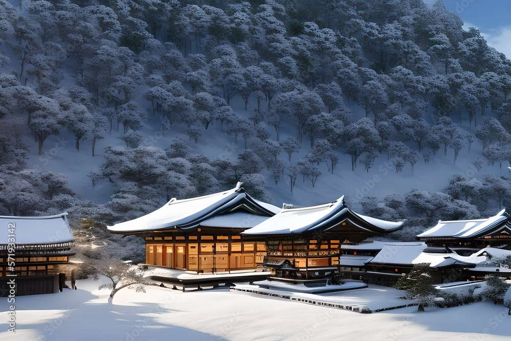Japanese Temple in the forest and mountain on a winter season Created with Generated AI Technology 