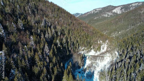 Drone flight over a valley in Retezat Natioanal Park, Retezat Mountains, Romania, Europe.