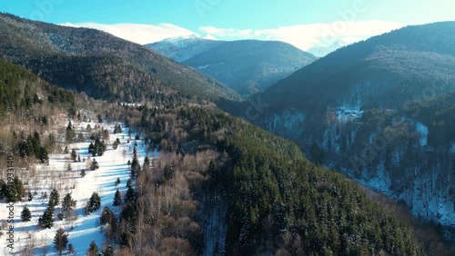 Drone flight over a valley in Retezat Natioanal Park, Retezat Mountains, Romania, Europe.