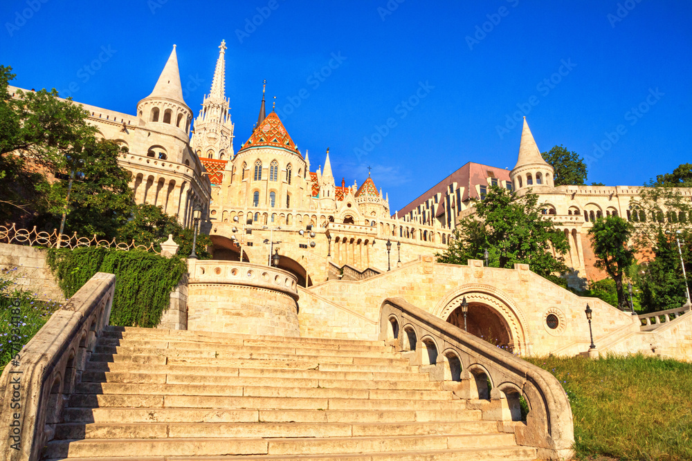 Bottom view of the Fisherman's Bastion with staircase. Popular tourist attraction in Budapest, Hungary