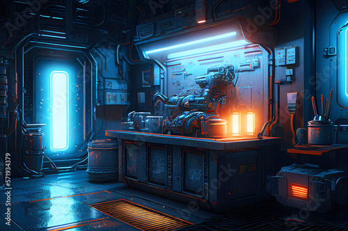 Futuristic Robot Workshop with Neon Lights in Dystopian Style, Cyberpunk city, generative ai illustration [Sci-Fi Fantasy Horror Background, Game, Graphic Novel, or Postcard Image]