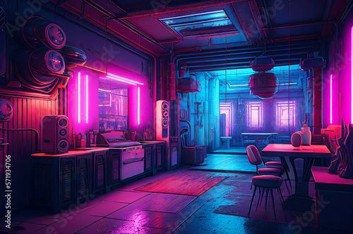 Futuristic Robot Workshop with Neon Lights in Dystopian Style, Cyberpunk city, generative ai illustration [Sci-Fi Fantasy Horror Background, Game, Graphic Novel, or Postcard Image]