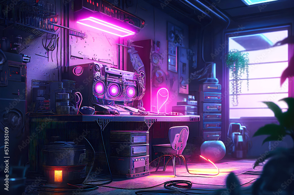 Futuristic Robot Workshop with Neon Lights in Dystopian Style ...