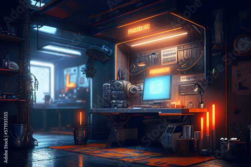Futuristic Robot Workshop with Neon Lights in Dystopian Style, Cyberpunk city, generative ai illustration [Sci-Fi Fantasy Horror Background, Game, Graphic Novel, or Postcard Image]