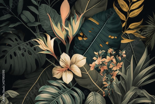 Various tropical leaves and flowers exotic wallpaper design. Generative AI