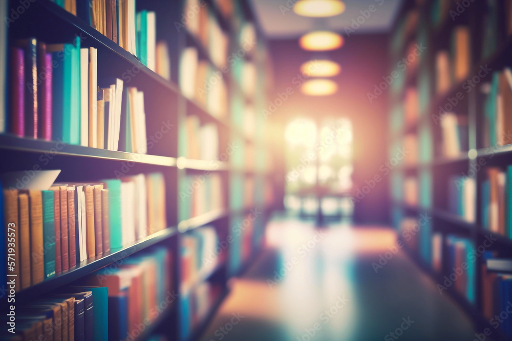 Blurred background of public library, bookshelf with books, education concept. Generative AI - obrazy, fototapety, plakaty 