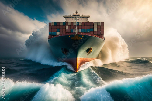 A loaded container cargo ship is seen in the front as it speeds over the ocean. Generative AI