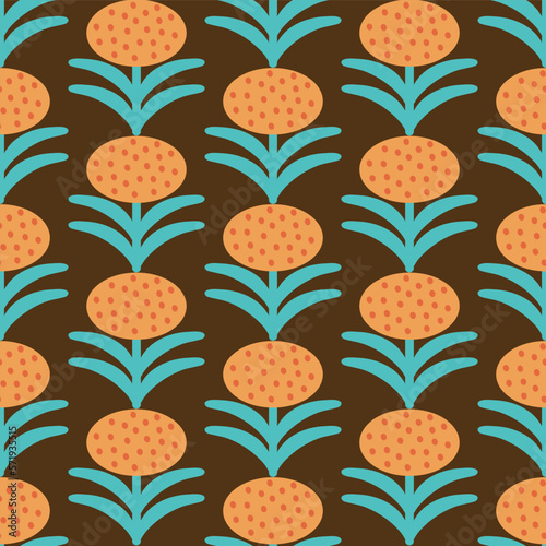 Retro Floral Pattern. 70s Funky Design with Geometric Flowers. Groovy Mid Century scandi Seamless vector texture for fabric design, textile print, wrapping, cover