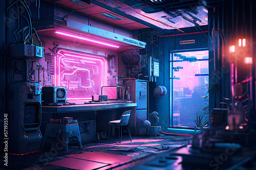 Futuristic Robot Workshop with Neon Lights in Dystopian Style   Cyberpunk city  generative ai illustration  Sci-Fi Fantasy Horror Background  Game  Graphic Novel  or Postcard Image 