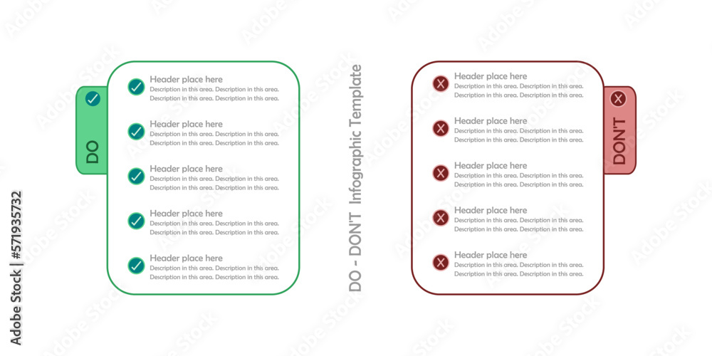 Infographic, List of Do vs Don't on white background. Checked and cross symbol. Green vs red sign.