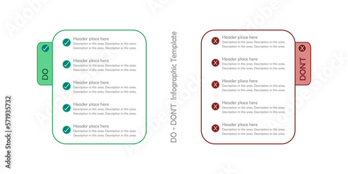 Infographic, List of Do vs Don't on white background. Checked and cross symbol. Green vs red sign.
