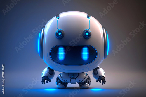 Little cute blue robot. Friendly bot, glowing smiling face. Lovely Robotic Toy. Generative AI © AIproduction