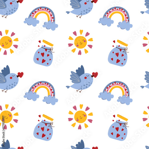Seamless pattern with a cute little bird, rainbow, sunshine and hearts. A beautiful pattern for socks, textiles, fabrics and children's clothes