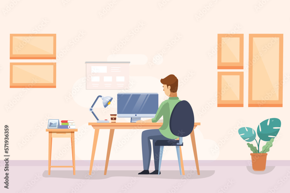 Young man using laptop for working at home,in cartoon character, Young man using laptop for working at home,in cartoon character,
