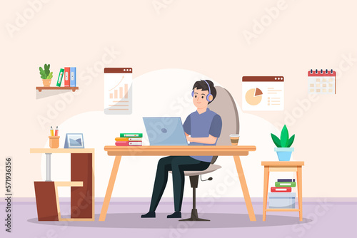 Young man using laptop for working at home,in cartoon character,