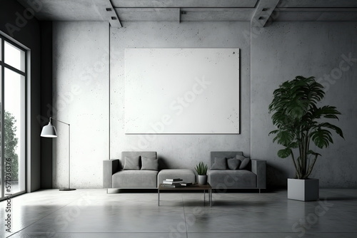 Blank frame on a concrete wall in a modern living room. Mock up template for Design or product placement created using generative AI tools
