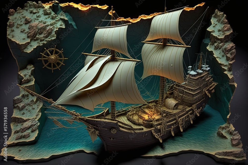 Pirate treasure map with pirate ship and sea, 3d style. Generate AI ...