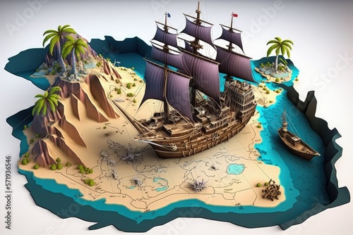 Pirate treasure map with pirate ship and sea, 3d style. Generate AI